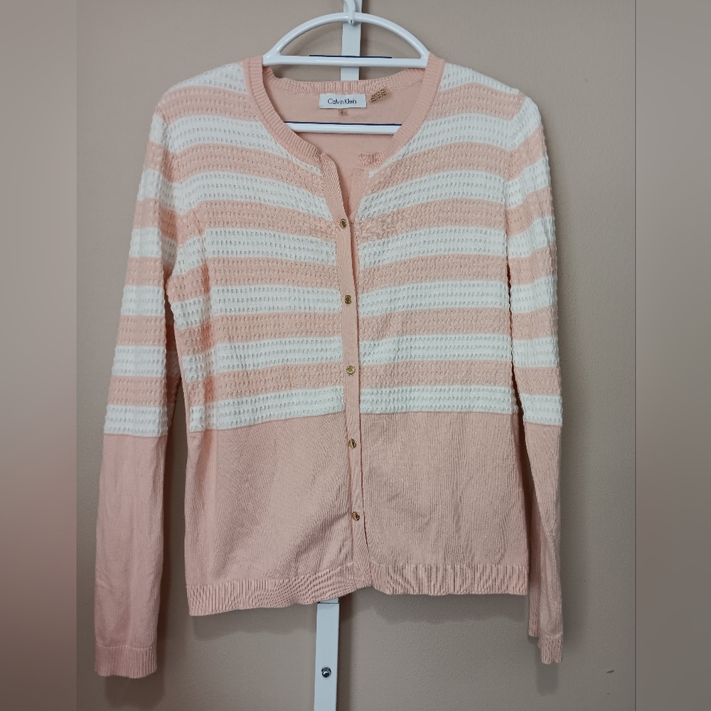 Calvin Klein Women's (Size M) Creamy Soft Peach Gold Button Stripe Cardigan